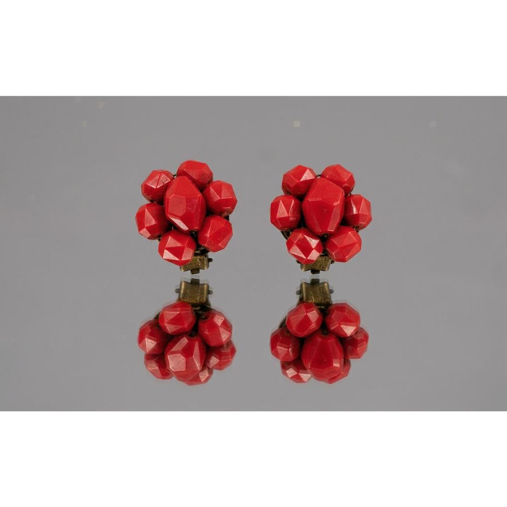 1950s Signed West Germany Red Glass Cluster Clip-On Earrings